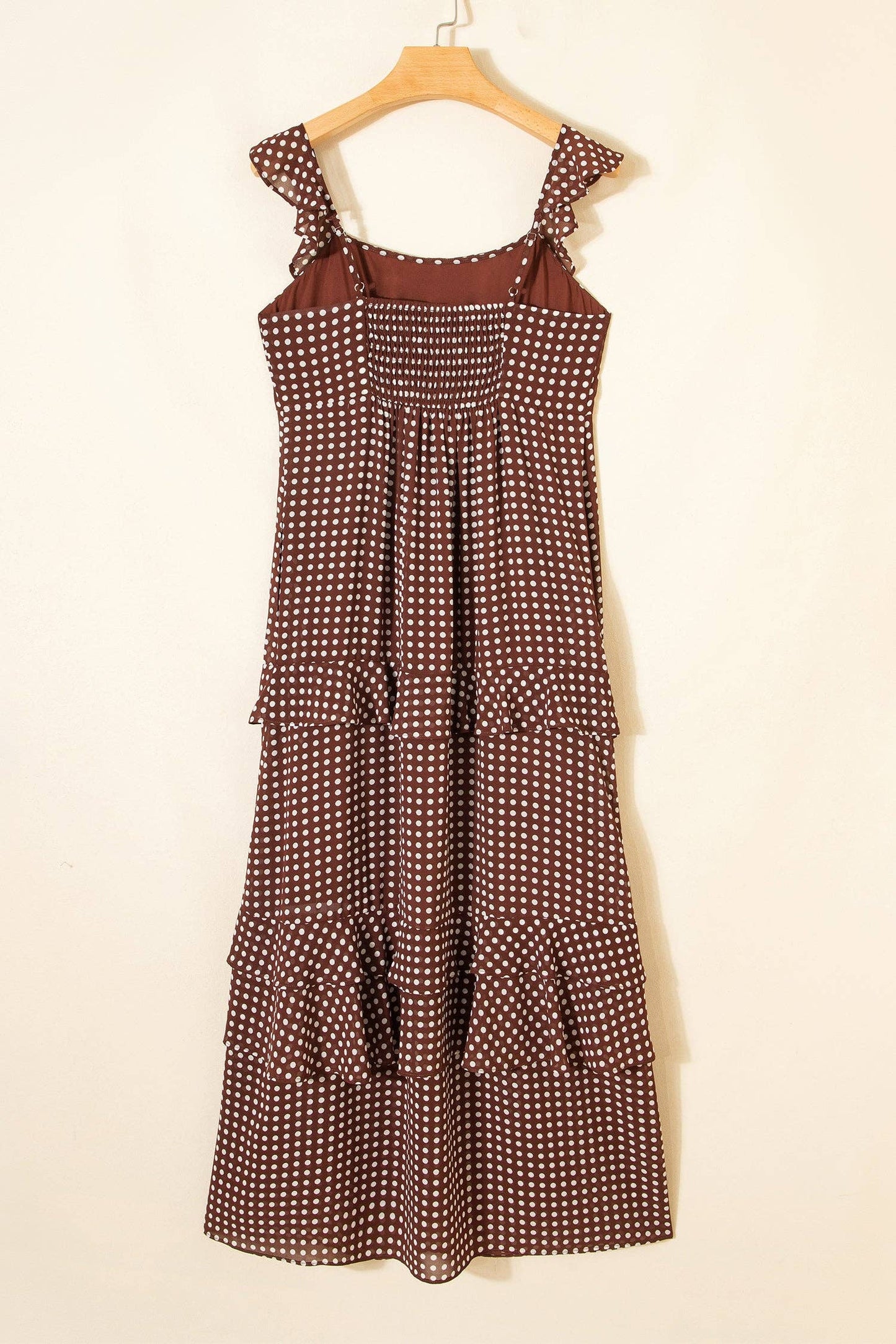 Polka Dot Backless Ruffle Tiered Maxi Dress: Coffee / L