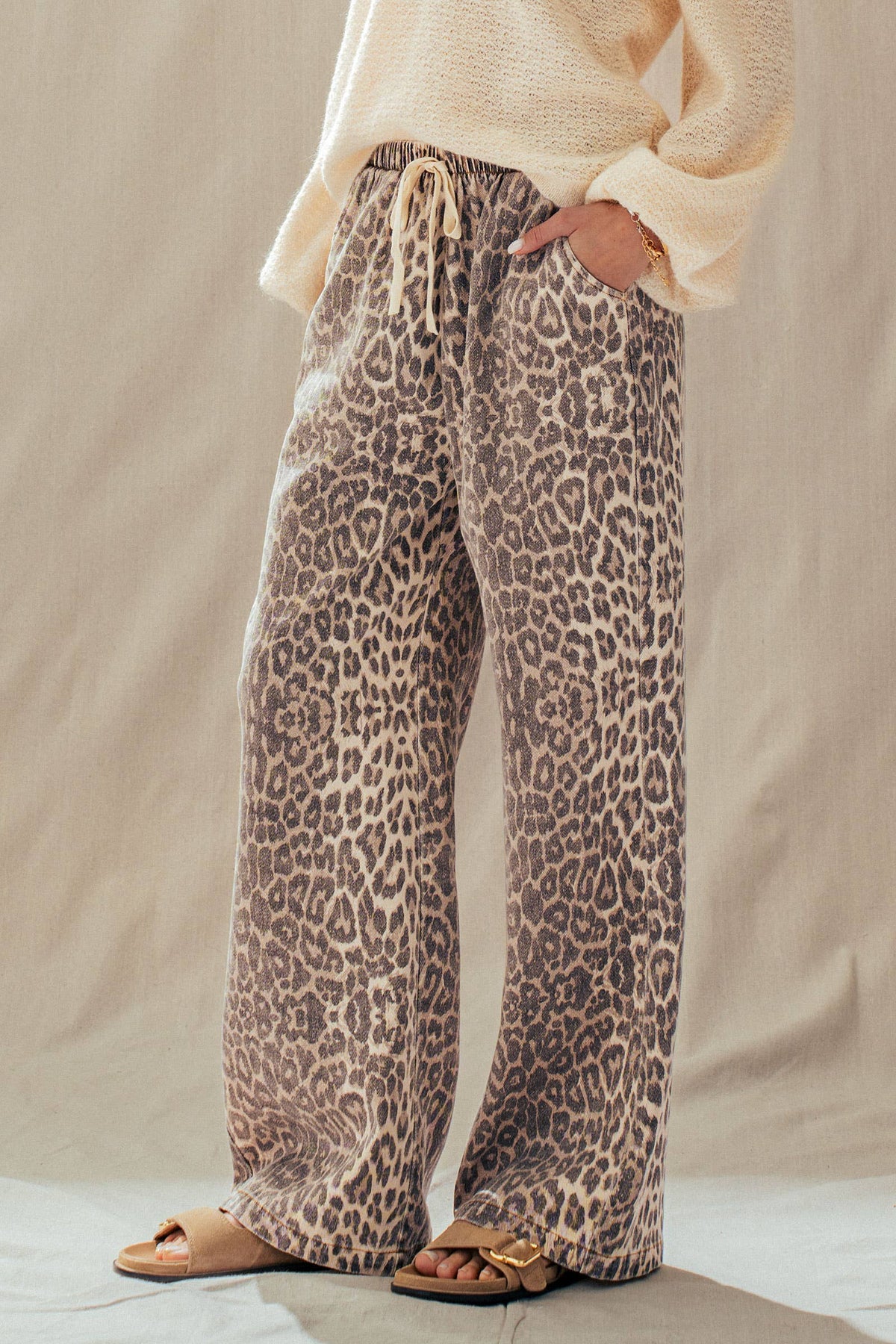 Leopard Print Wide Leg Cotton Pants Drawstring: LEOPARD / S-M-L:2-2-2